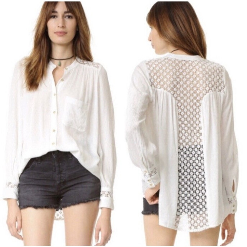 Free People The Best Blouse Oversized Crinkle Crochet Lace Top Ivory Size XSmall